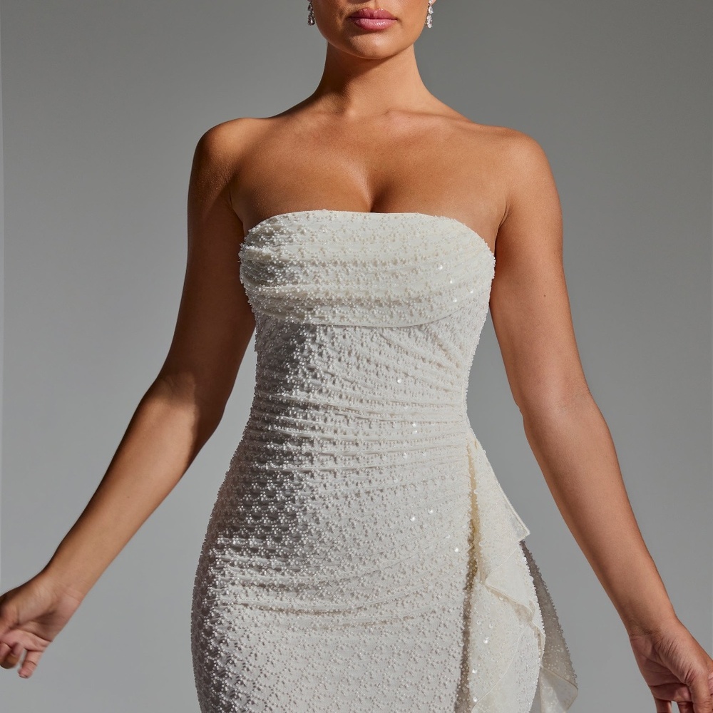 Oh Polly Embellished Ruffled Cowl-Neck Bandeau Mini Dress in White 6